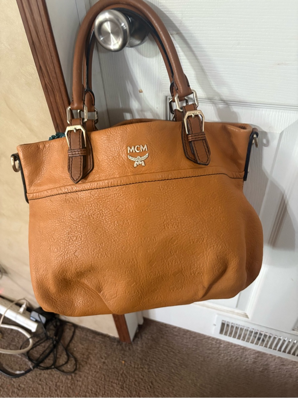 MCM Cognac Brown Leather Shoulder Bag with Gold Hardware